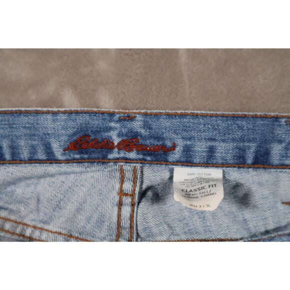 Eddie Bauer Jeans Mens 44x36 Blue Classic Fit Premium Denim Distressed Raw Hem - Picture 9 of 9